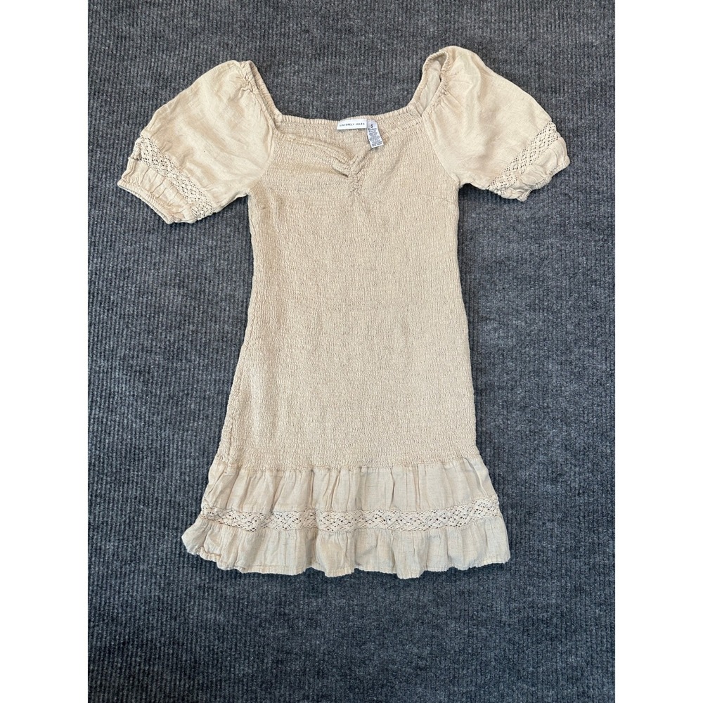 Sincerely Jules Smocked Mini Dress Small Beige Crochet Lace Linen Blend
